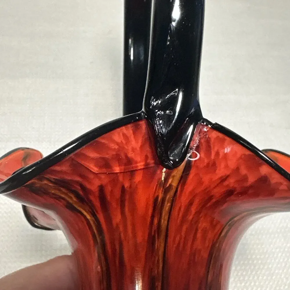 Vintage Czech Tango Art Glass Basket Vase Orange Black
